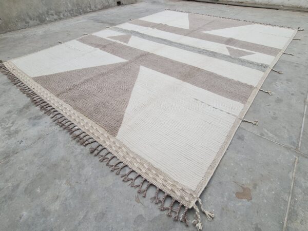 Hand Knitted Brown and White Moroccan Hand Knotted Wool Rug - Image 3