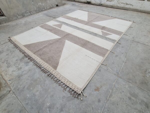 Hand Knitted Brown and White Moroccan Hand Knotted Wool Rug - Image 9