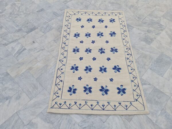 Blue and White Suzani Embroidered Wool Rug