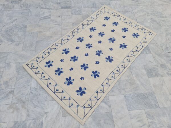 Blue and White Suzani Embroidered Wool Rug - Image 2