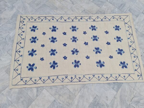 Blue and White Suzani Embroidered Wool Rug - Image 3