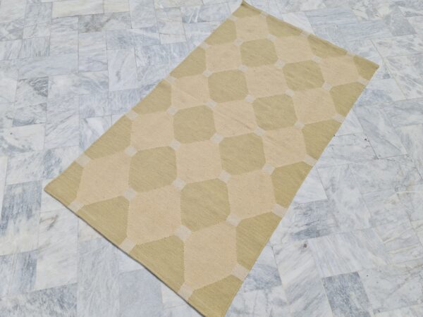 Green and Beige Geometric Flatweave Wool Rug - Image 2