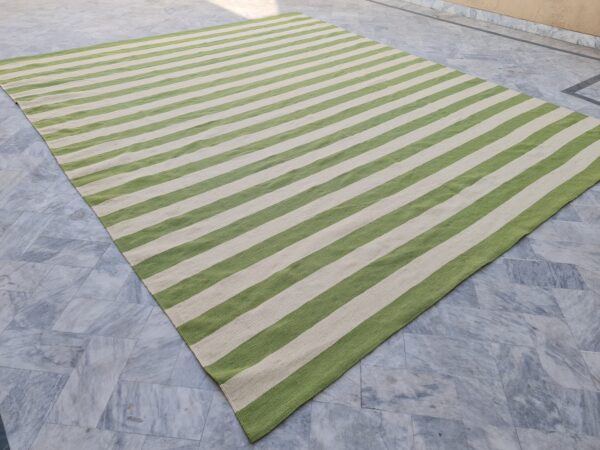 Green and White Striped Flatweave Wool Rug for Living Spaces