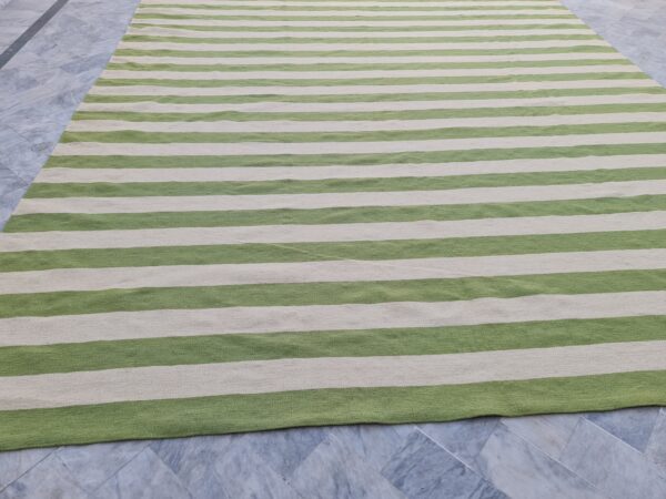 Green and White Striped Flatweave Wool Rug for Living Spaces - Image 4