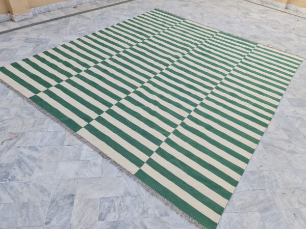 Fresh Green and White Striped Flatweave Wool Kilim for Sober Styling - Image 2