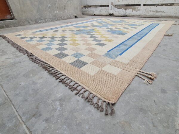 Blue, White, and Multicolor Moroccan Hand Knotted Wool Rug