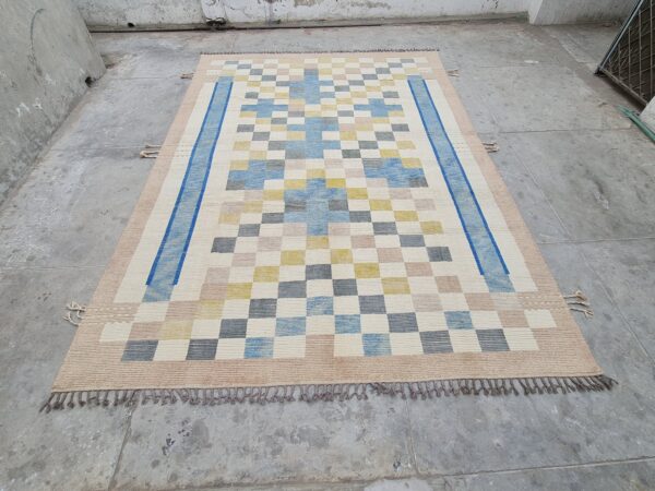 Blue, White, and Multicolor Moroccan Hand Knotted Wool Rug - Image 3