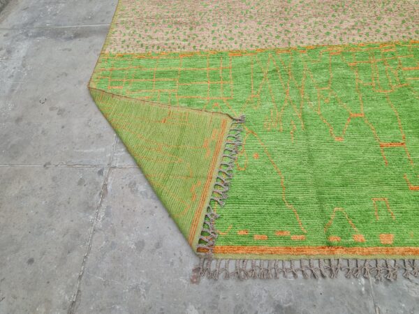 Green, Orange, and Multicolor Moroccan Hand Knotted Wool Rug - Image 10