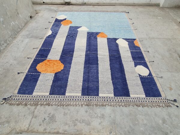 Blue, Orange, and Multicolor Moroccan Hand Knotted Wool Rug - Image 2