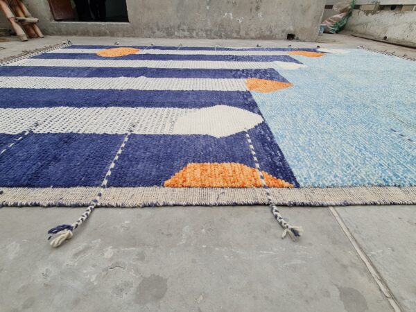 Blue, Orange, and Multicolor Moroccan Hand Knotted Wool Rug - Image 3