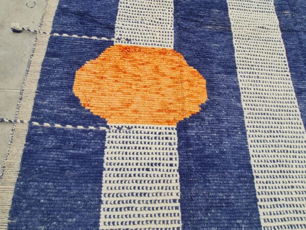 Blue, Orange, and Multicolor Moroccan Hand Knotted Wool Rug - Image 5