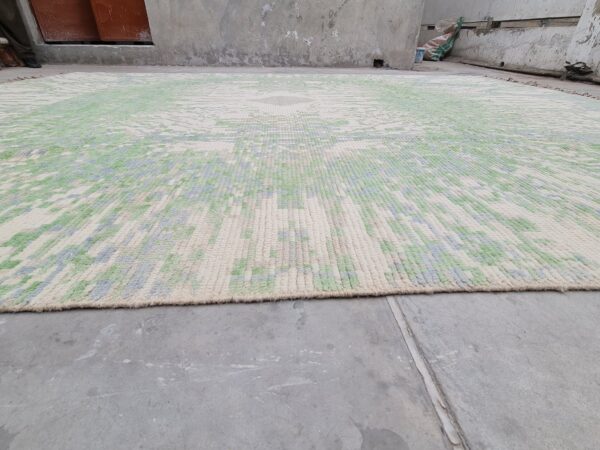 Green, White, and Multicolor Moroccan Hand Knotted Wool Rug - Image 4