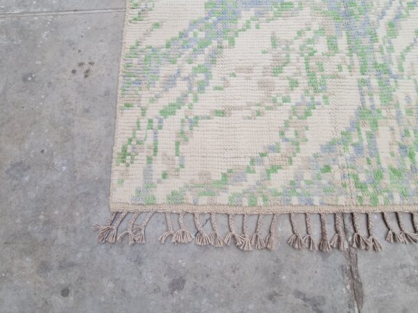 Green, White, and Multicolor Moroccan Hand Knotted Wool Rug - Image 5