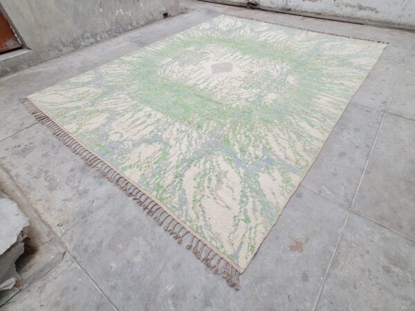 Green, White, and Multicolor Moroccan Hand Knotted Wool Rug