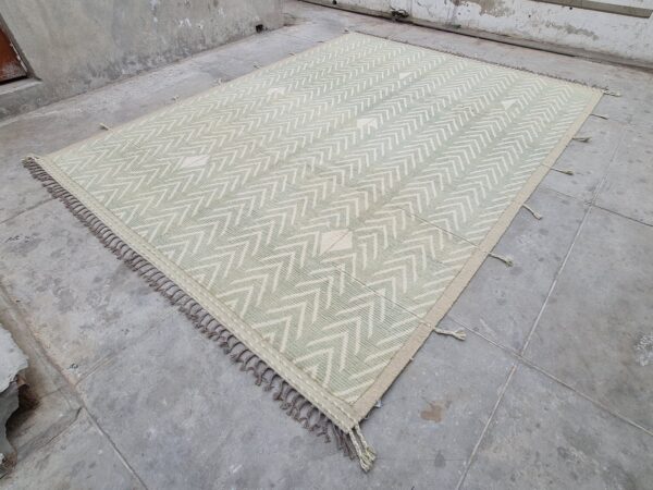 Green and White Moroccan Hand Knotted Wool Rug