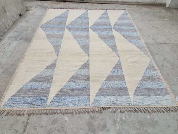 Blue, White, and Multicolor Moroccan Hand Knotted Wool Rug - Image 4