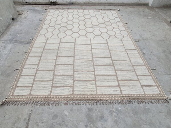 Brown and White Moroccan Hand Knotted Wool Rug for Living Space