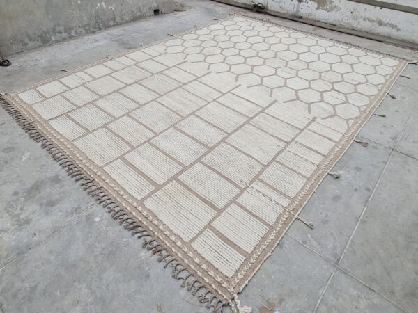 Brown and White Moroccan Hand Knotted Wool Rug for Living Space - Image 3