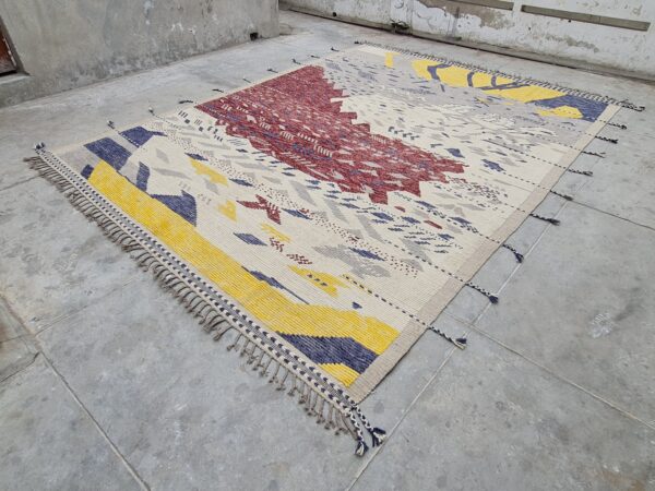 Red, White, and Multicolor Moroccan Hand Knotted Wool Rug - Image 3