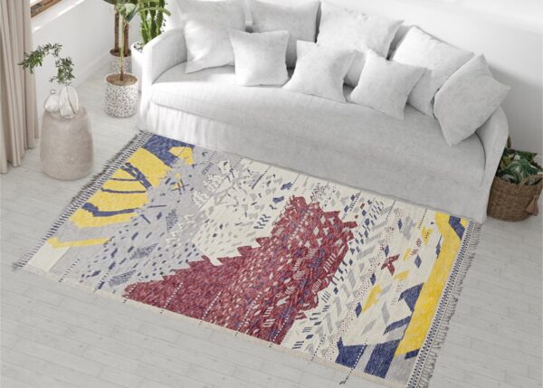 Red, White, and Multicolor Moroccan Hand Knotted Wool Rug