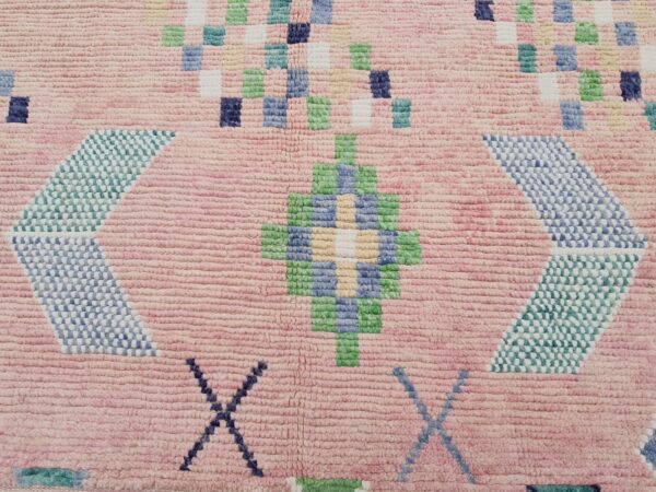 Pink, Blue, and Multicolor Moroccan Hand Knotted Wool Rug - Image 5