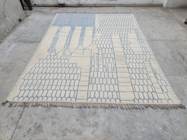 Blue and White Moroccan Hand Knotted Wool Rug - Image 2