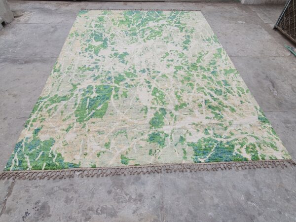 Green, White, and Multicolor Moroccan Hand Knotted Wool Rug - Image 2