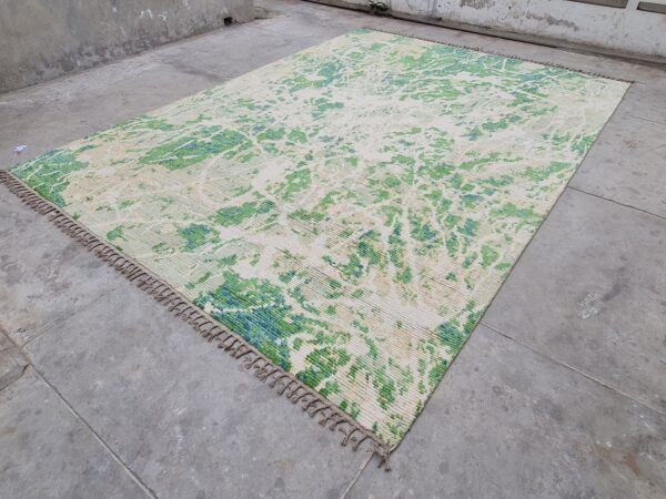 Green, White, and Multicolor Moroccan Hand Knotted Wool Rug