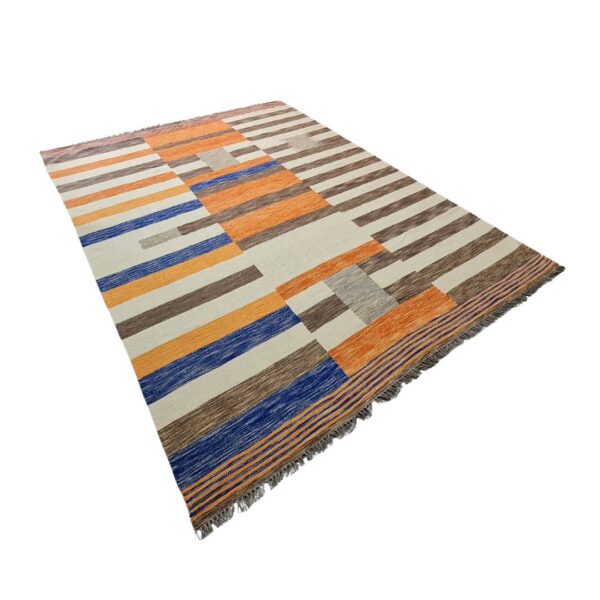 Orange, Brown, and Multicolor Striped Flatweave Wool Rug