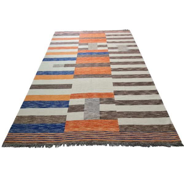 Orange, Brown, and Multicolor Striped Flatweave Wool Rug - Image 8