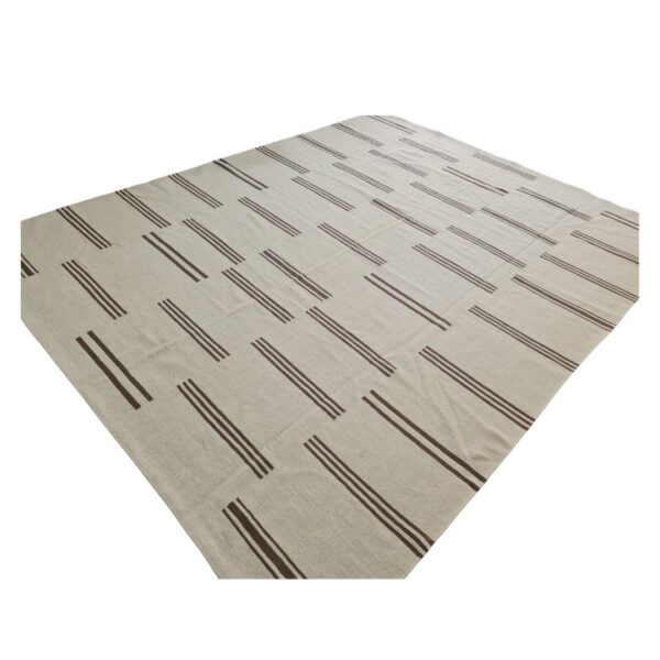 Brown and White Striped Flatweave Wool Rug for Living Spaces