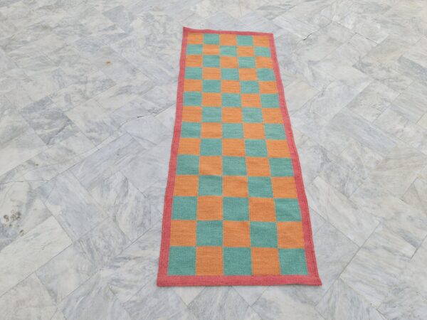 Orange and Green Checkered Flatweave Wool Runner