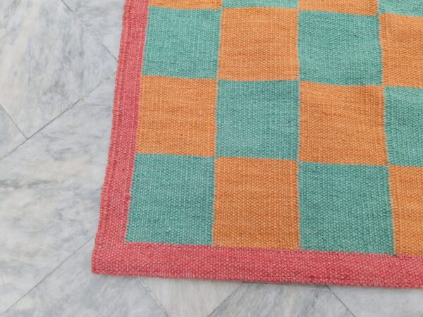 Orange and Green Checkered Flatweave Wool Runner - Image 4