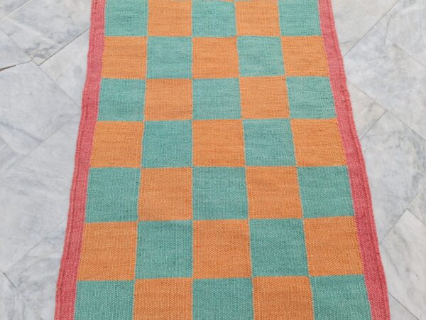 Orange and Green Checkered Flatweave Wool Runner - Image 9