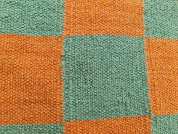 Orange and Green Checkered Flatweave Wool Rug - Image 5