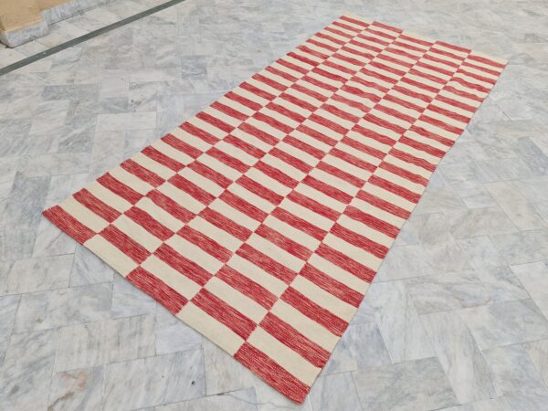 Boujad Red and White Striped Flatweave Wool Kilim for High-Traffic Areas