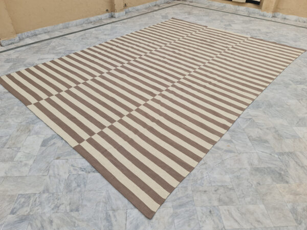 Brown and White Striped Flatweave Wool Rug