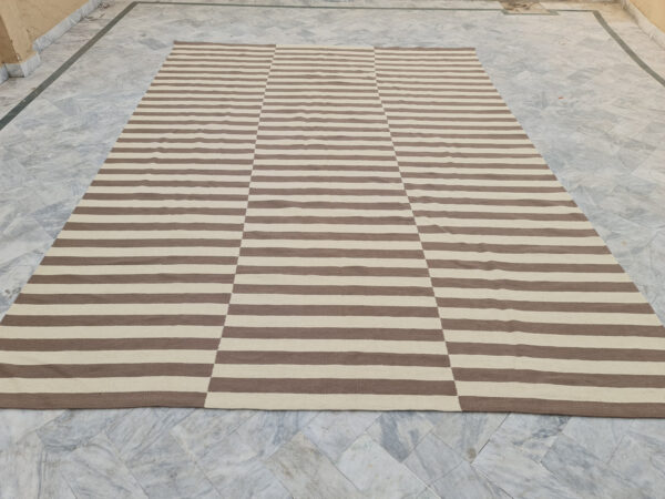 Brown and White Striped Flatweave Wool Rug - Image 2