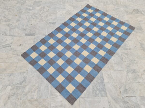 Blue, Grey, and Multicolor Checkered Flatweave Wool Rug