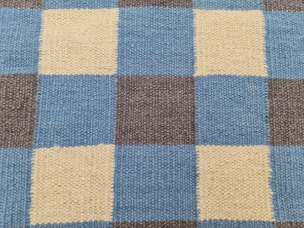 Blue, Grey, and Multicolor Checkered Flatweave Wool Rug - Image 5