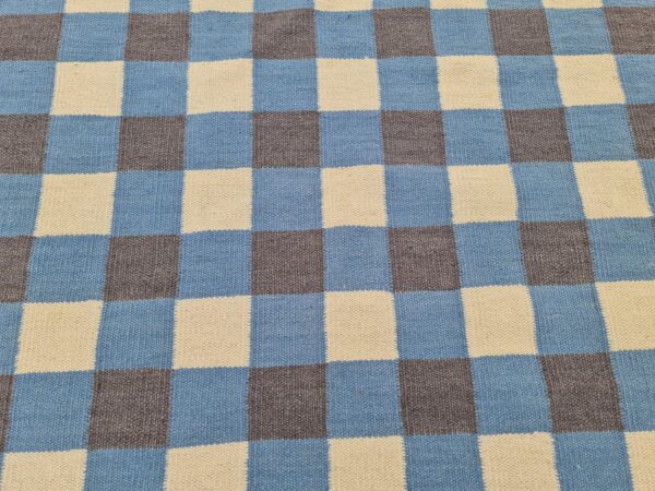 Blue, Grey, and Multicolor Checkered Flatweave Wool Rug - Image 6