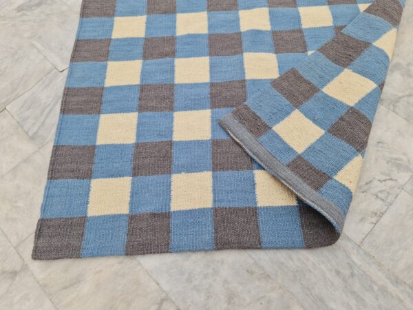 Blue, Grey, and Multicolor Checkered Flatweave Wool Rug - Image 8