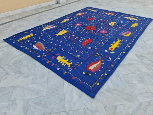 Blue, Yellow, and Multicolor Suzani Embroidered Wool Rug - Image 3