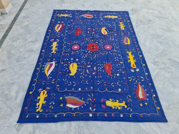 Blue, Yellow, and Multicolor Suzani Embroidered Wool Rug - Image 4