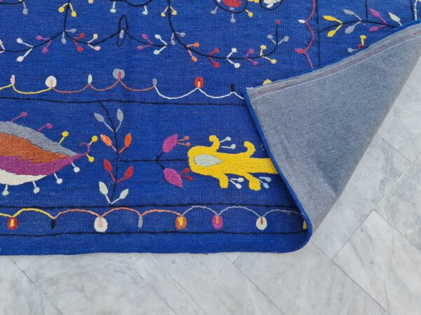 Blue, Yellow, and Multicolor Suzani Embroidered Wool Rug - Image 10