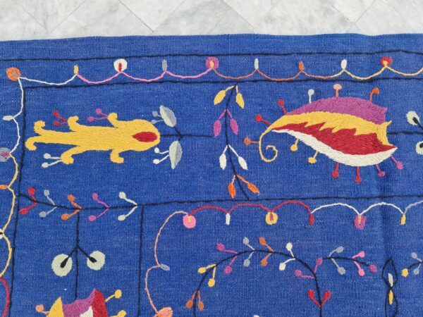 Blue, Yellow, and Multicolor Suzani Embroidered Wool Rug - Image 8