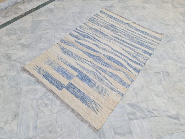 Blue and Beige Striped Flatweave Wool Rug - Image 3