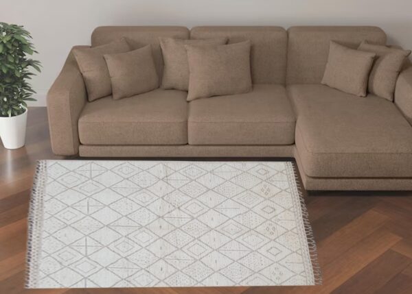 White and Brown Moroccan Hand Knotted Wool Rug - Image 3