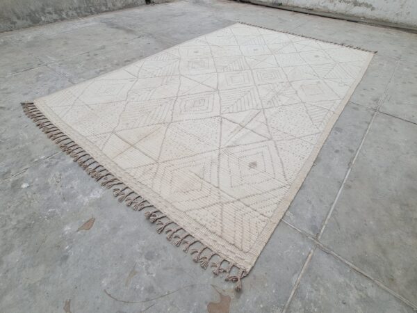 Timeless White and Brown Moroccan Hand Knotted Wool Rug for Enduring Style