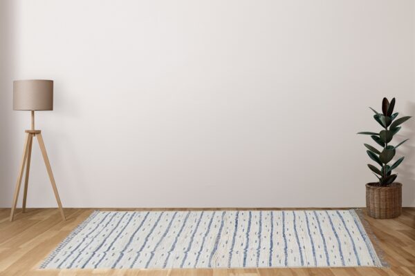 Global Inspired Blue and White Moroccan Hand Knotted Wool Rug for Designers - Image 3